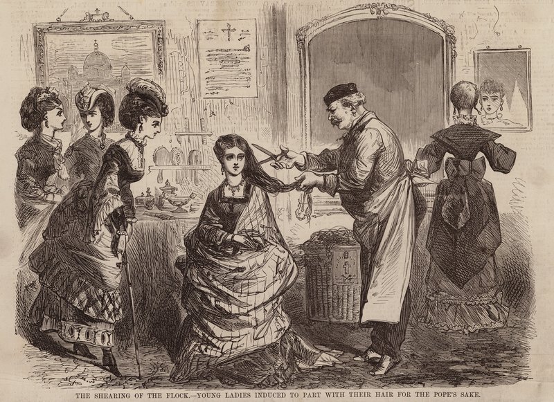 El esquileo del rebaño, jóvenes inducidas a desprenderse de su cabello por el Papa (grabado) de English School