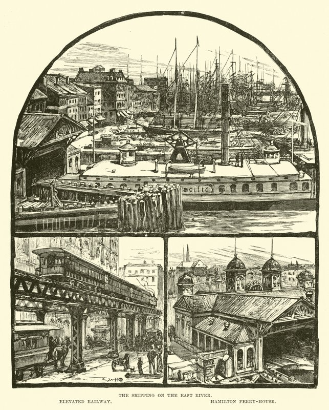 El transporte en el East River; Ferrocarril elevado; Casa del ferry de Hamilton de English School