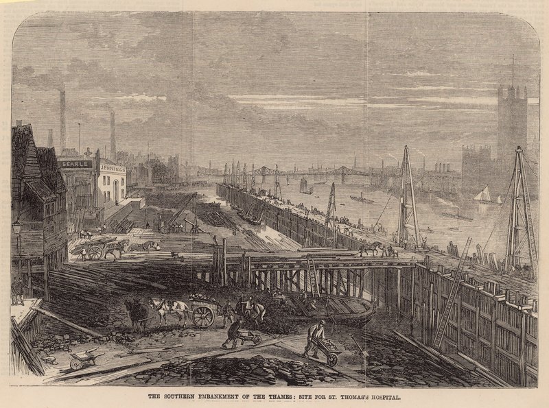 El Terraplén sur del Támesis; sitio para el Hospital de St Thomas de English School