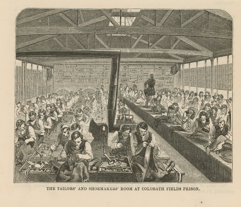 Sala de sastres y zapateros en la Prisión de Coldbath Fields de English School