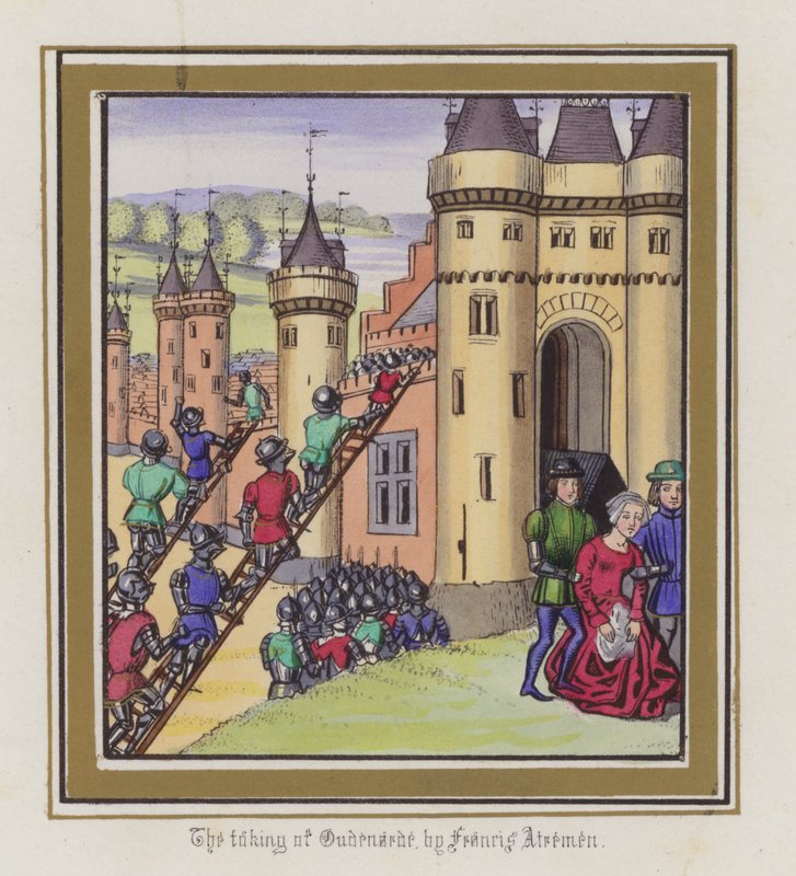 La toma de Oudenarde por Francis Atremen (grabado en color) de English School