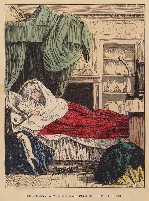 La cabeza de la mujer adolescente, asomando desde su cama (litografía en color) de English School