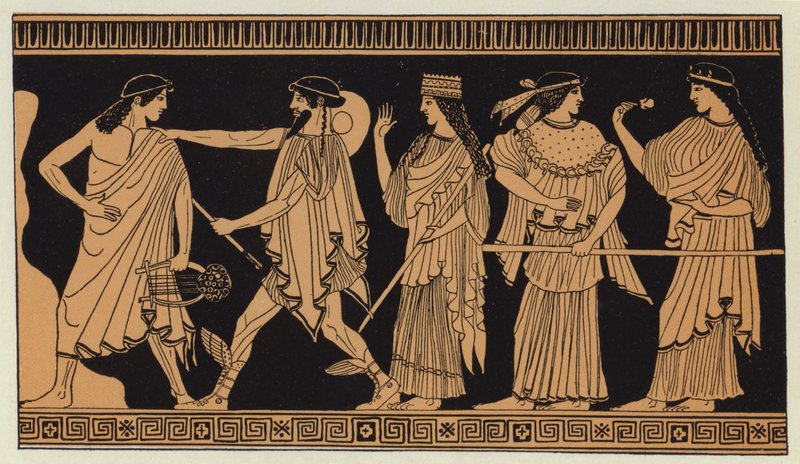 Las tres diosas llevadas por Hermes a París (litografía en color) de English School