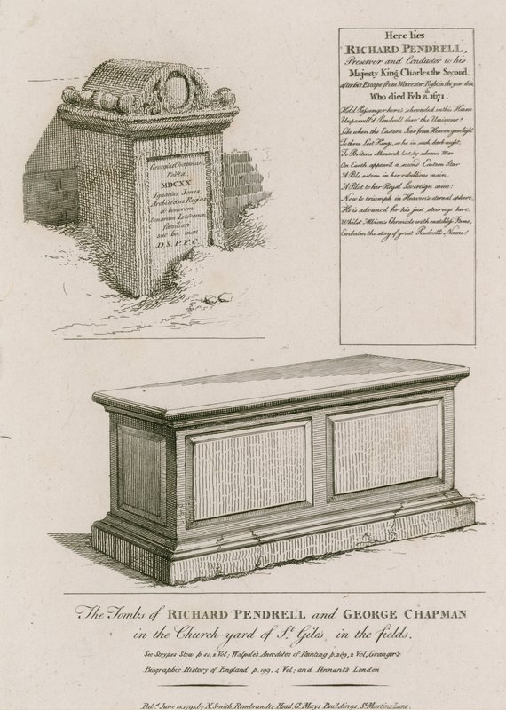 Las tumbas de Richard Pendrell y George Chapman en el cementerio de St Giles in the Fields, Londres de English School