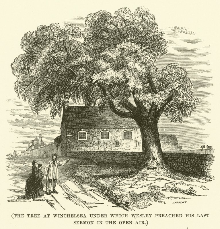 El árbol de Winchelsea bajo el que Wesley predicó su último sermón al aire libre (grabado) de English School