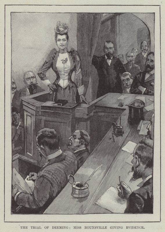 El juicio de Deeming, la señorita Rounsville dando testimonio de English School