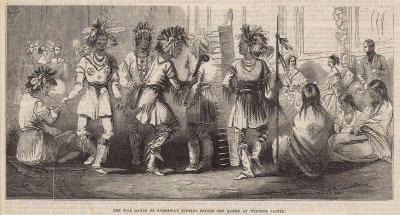 La danza de guerra de los indios Ojibbeway ante la Reina en el Castillo de Windsor de English School