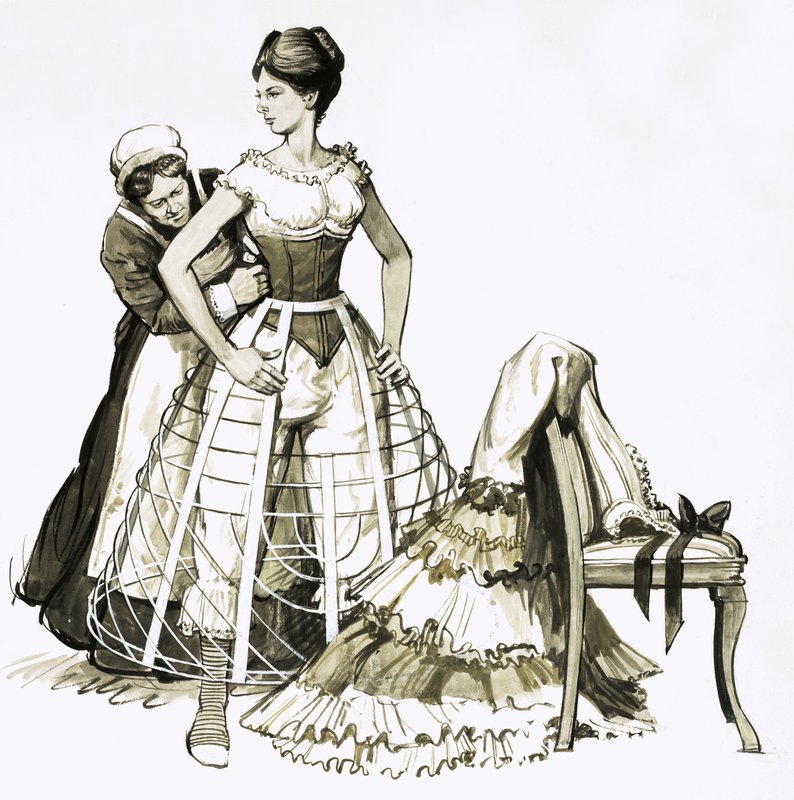 El dispositivo de alambre conocido como "jaula crinolene" utilizado por las mujeres en la década de 1850. de English School