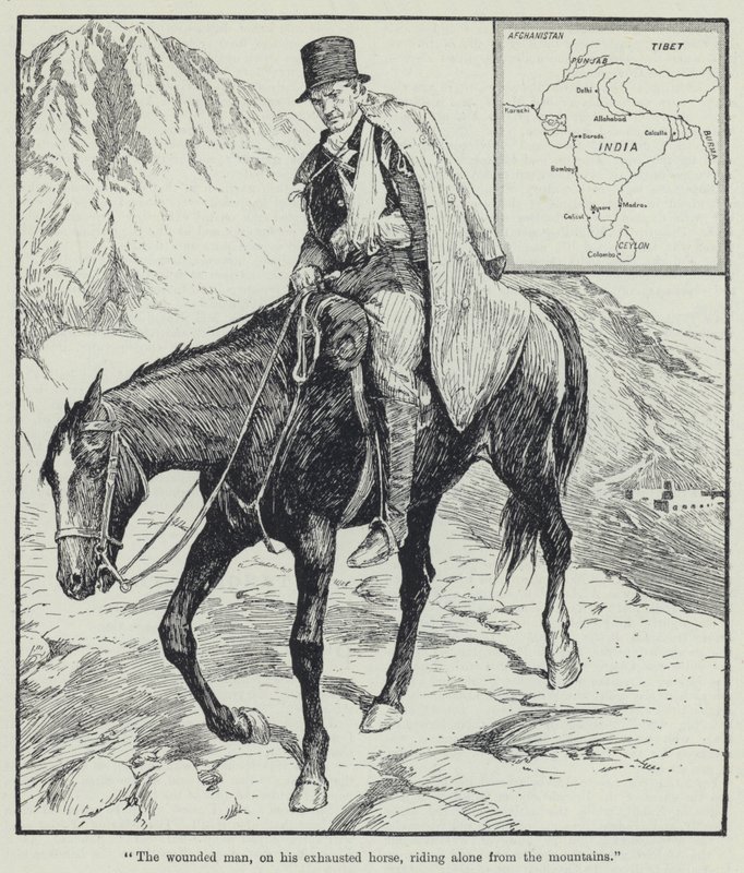 "El hombre herido, sobre su caballo exhausto, cabalgando solo desde las montañas" (litografía) de English School