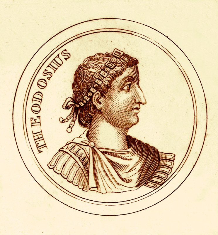 Teodosio, ilustración del Diccionario Histórico Universal de George Crabb, publicada en 1825 de English School