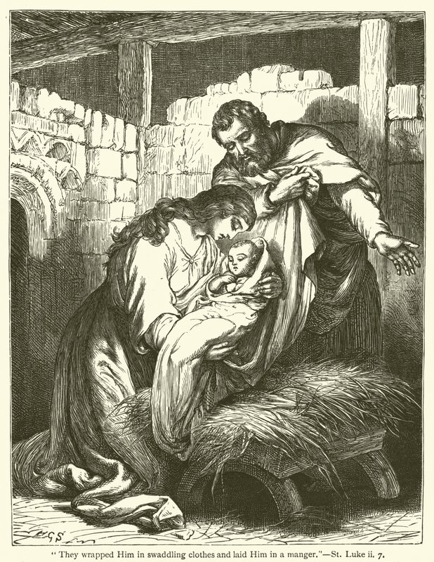 "Lo envolvieron en pañales y lo acostaron en un pesebre", San Lucas, ii, 7 (grabado) de English School