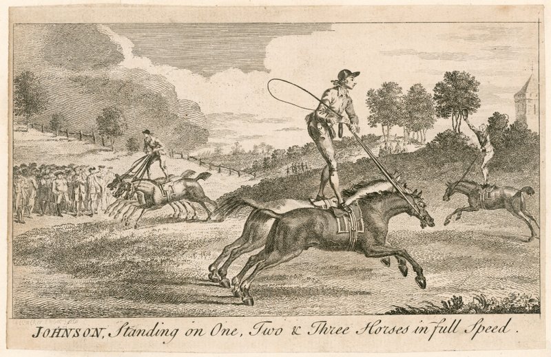 Thomas Johnson de pie sobre uno, dos y tres caballos a toda velocidad de English School