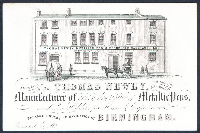 Thomas Newey, fabricante de plumas metálicas, tarjeta comercial de English School