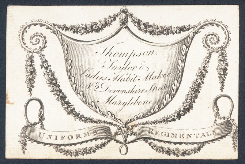 Thompson, sastre y fabricante de hábitos para damas, tarjeta comercial de English School