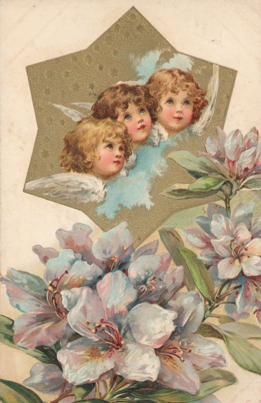Tres querubines en una imagen decorada con flores de English School
