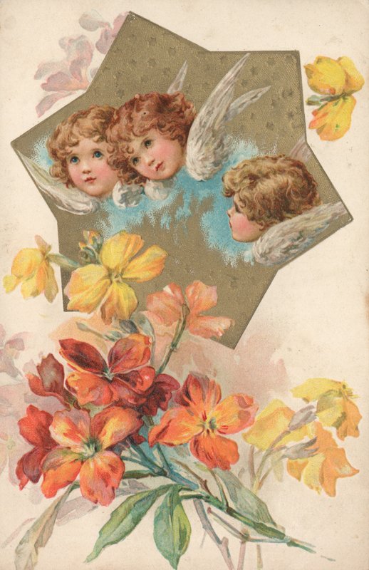 Tres querubines en una imagen decorada con flores de English School