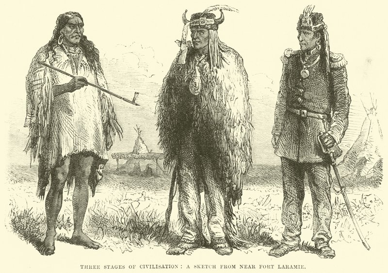 Tres etapas de la civilización, un boceto cerca de Fort Laramie de English School