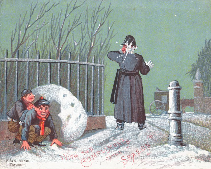 Lanzando bolas de nieve a un policía, tarjeta de Navidad de English School