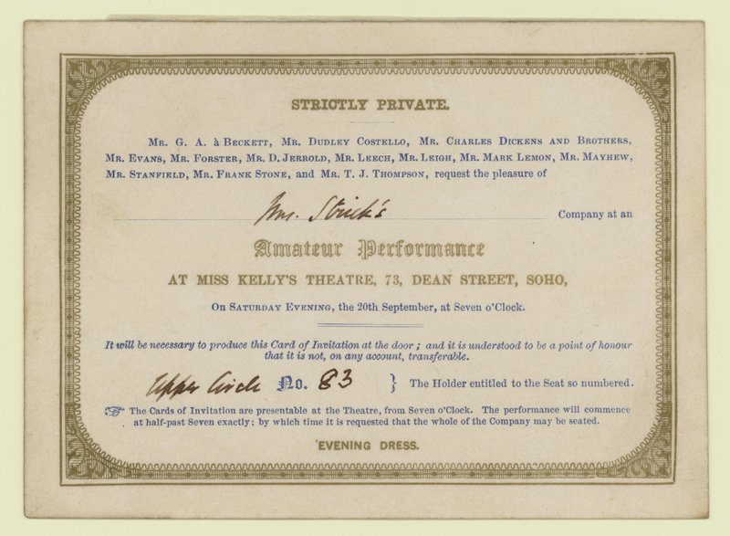 Entrada para la actuación dramática amateur de Charles Dickens, 1845 de English School