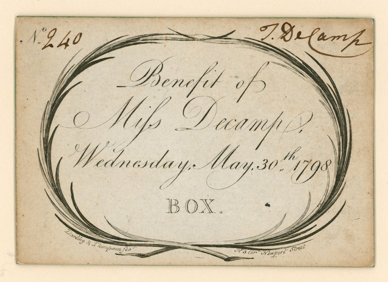 Entrada para el Teatro Drury Lane, Londres: Beneficio de la Srta. Decamp, 30 de mayo de 1798 de English School
