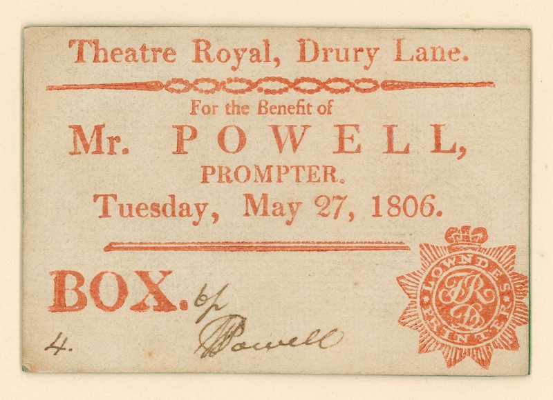 Entrada para el Teatro Drury Lane, Londres: Para el Beneficio del Sr. Powell, apuntador, 27 de mayo de 1806 de English School