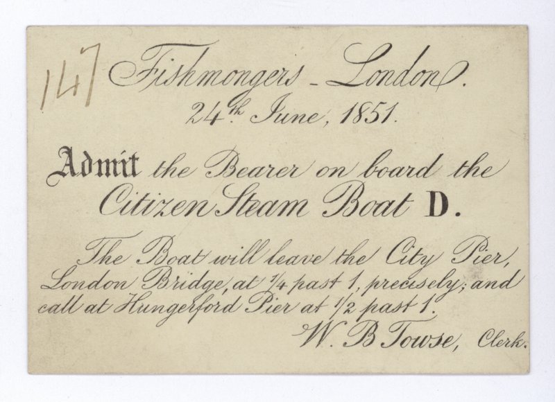 Entrada para que los pescaderos de Londres hagan un viaje en barco en el Citizen Steam Boat, 24 de junio de 1851 de English School