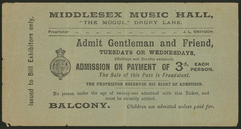 Entrada para el Middlesex Music Hall, The Mogul, Drury Lane, Londres de English School