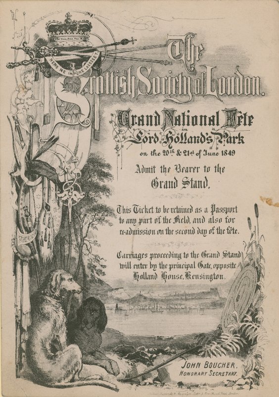 Entrada para la Gran Fiesta Nacional de la Sociedad Española de Londres en el Parque de Lord Holland de English School