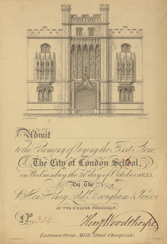 Entrada para la colocación de la primera piedra de la Escuela de la Ciudad de Londres, 21 de octubre de 1835 de English School