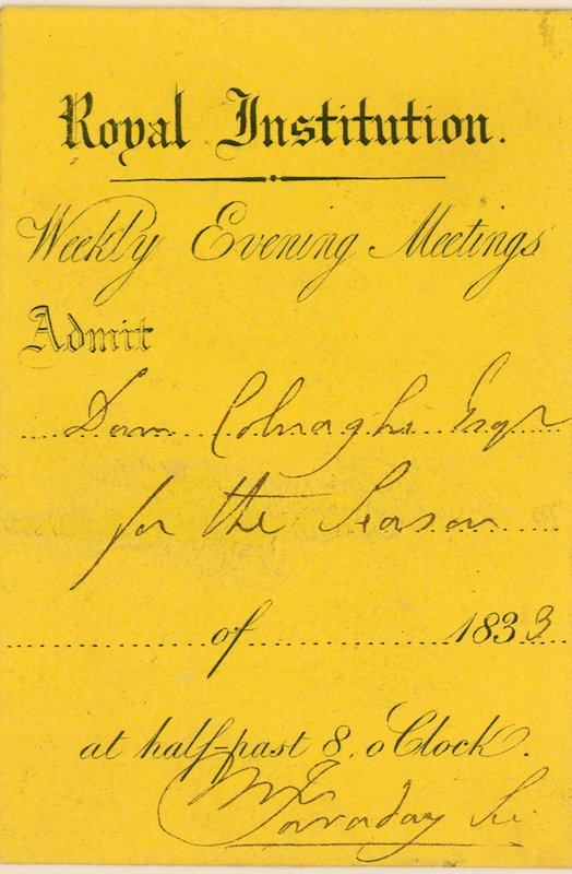 Ticket de admisión a la Royal Institution, Albemarle Street, Londres, para una conferencia de Michael Faraday de English School