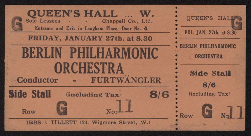 Entrada para un concierto de la Orquesta Filarmónica de Berlín, Queens Hall, Londres, viernes 27 de enero de 1928 de English School
