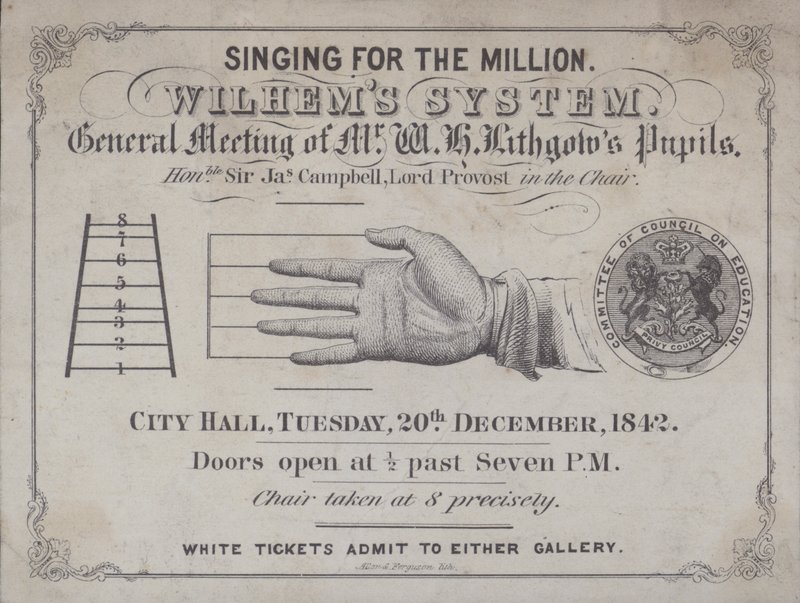 Entrada a un evento para escuchar a los alumnos del "Método de Enseñanza de Canto de Wilhem" - el método escrito por el compositor inglés John Pyke Hullah de English School
