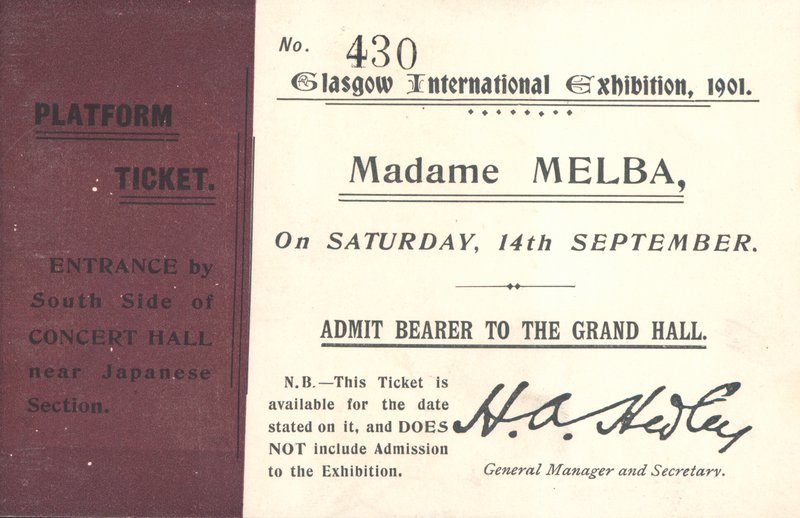 Entrada para escuchar a Nellie Melba en la Exposición Internacional de Glasgow, 1901 de English School