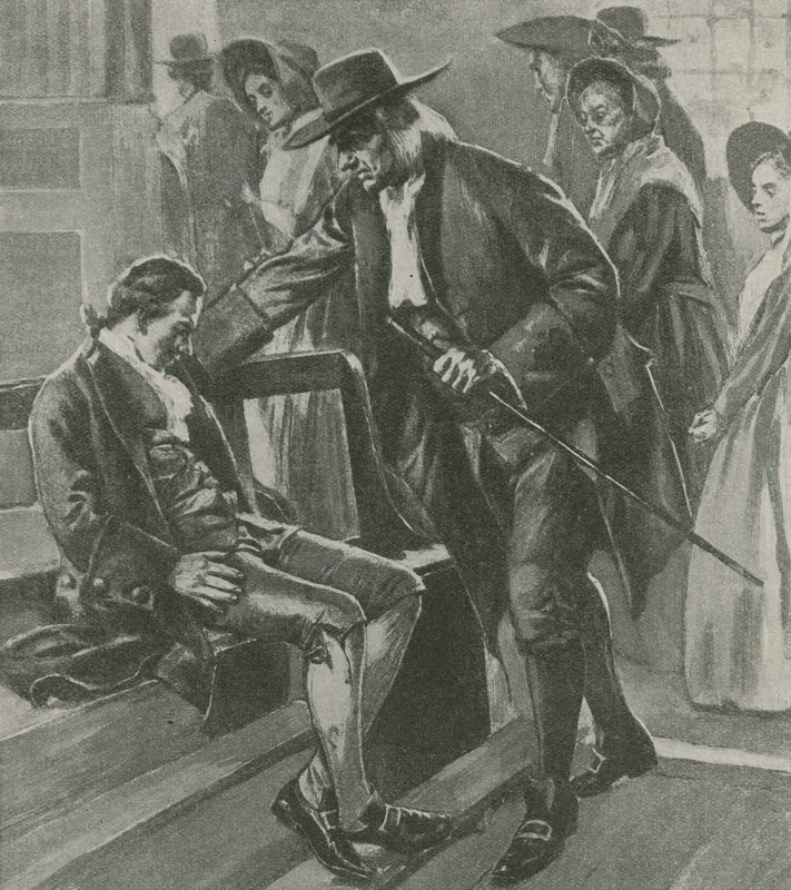 Cansado y hambriento, Benjamin Franklin se duerme en una casa de reuniones cuáquera de English School