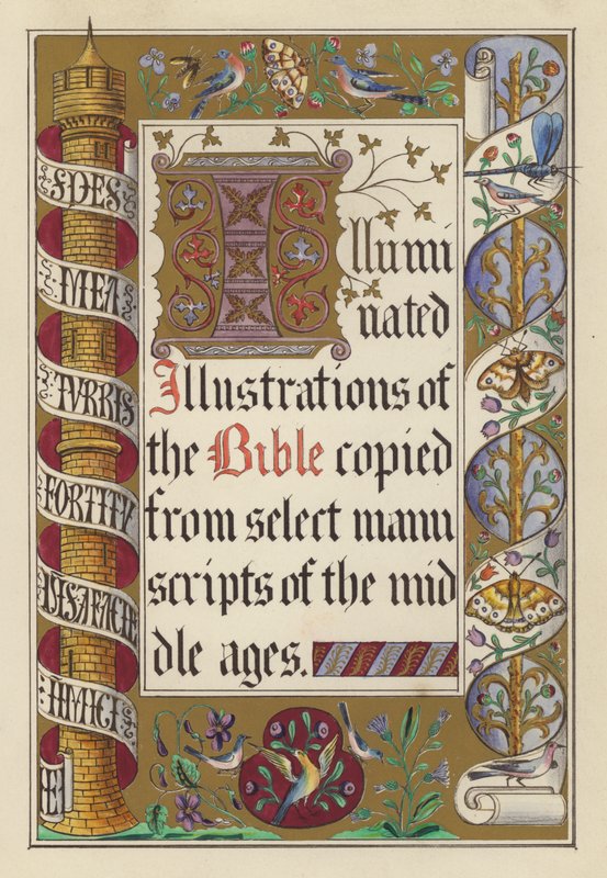 Ilustración de la portada de las ilustraciones iluminadas de la Biblia (litografia en color) de English School