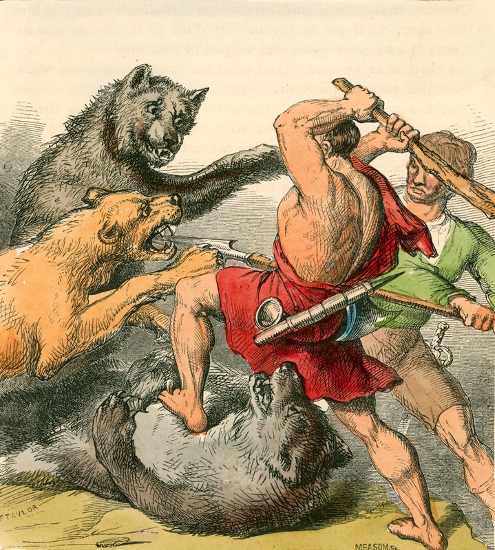Tom y el Tinker matando osos y leones de English School