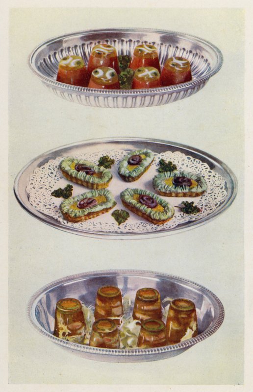 Cremas de tomate; Góndolas de anchoas; Gambas en aspic (litografía en color) de English School