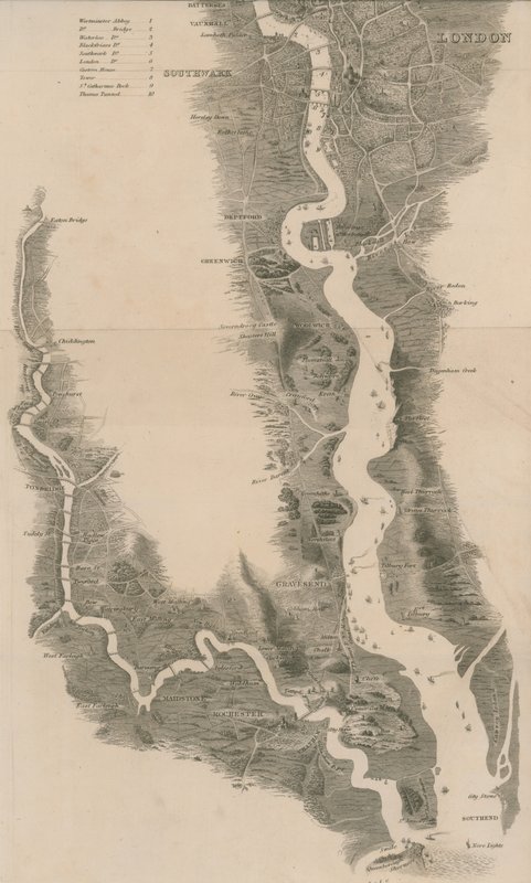 Mapa panorámico de Tombleson del Támesis y Medway de English School