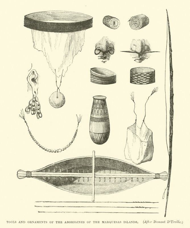 Herramientas y adornos de los aborígenes de las Islas Marquesas, después de Dumont D