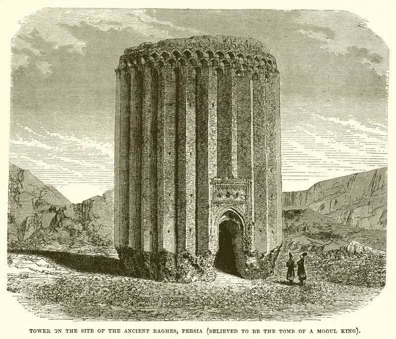 Torre en el sitio de la antigua Raghes, Persia (se cree que es la tumba del rey mogol) de English School