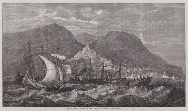 Ciudad y puerto de Syra, en el archipiélago griego (grabado) de English School
