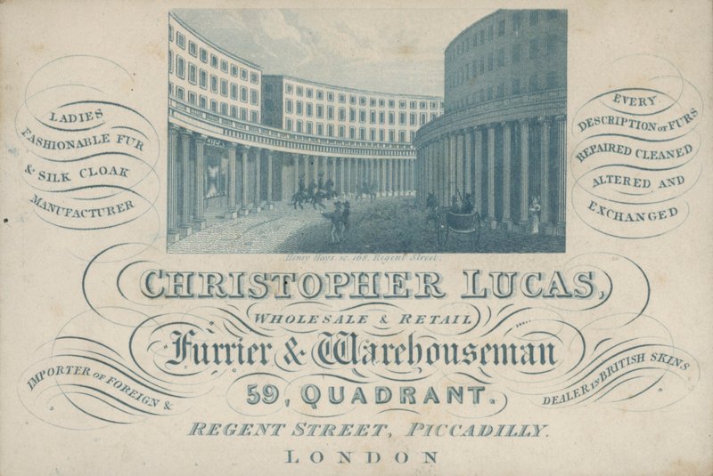 Tarjeta comercial que anuncia a Christopher Lucas, peletero y almacenista mayorista y minorista, 59, Quadrant, Regent Street, Piccadilly, Londres de English School
