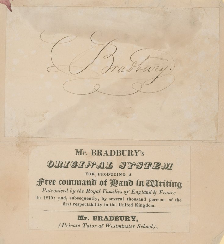 Tarjeta comercial del sistema original de Mr Bradbury para producir un comando libre de la mano en la escritura de English School