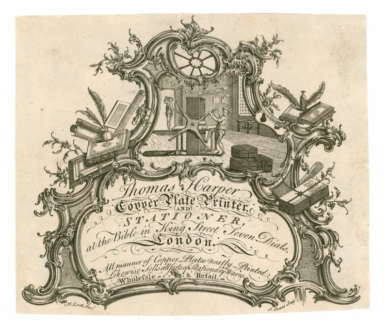 Tarjeta comercial para Thomas Harper, impresor de placas de cobre y papelería de English School