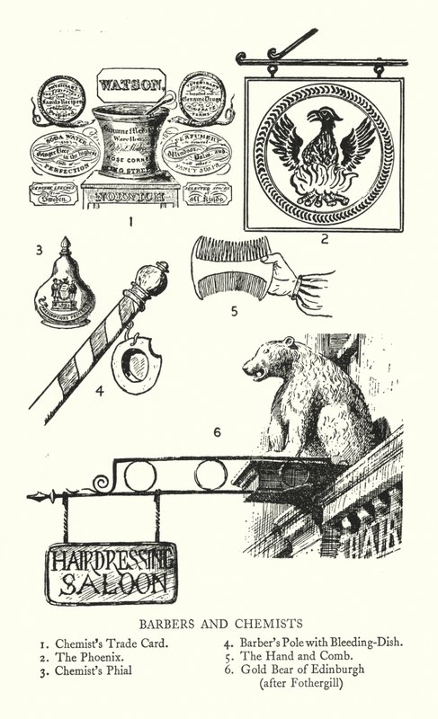 Señales comerciales: Barberos y Químicos (litografía) de English School