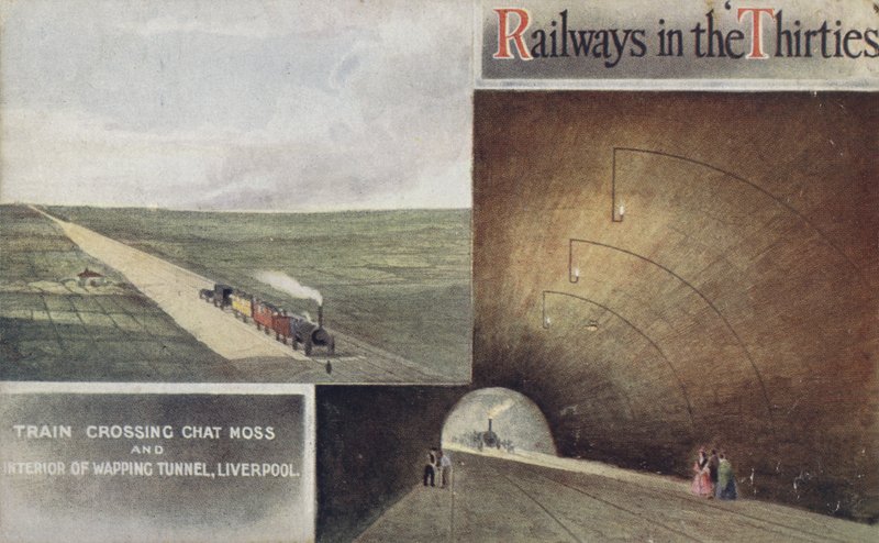 Tren cruzando Chat Moss e Interior del Túnel Wapping, Liverpool de English School