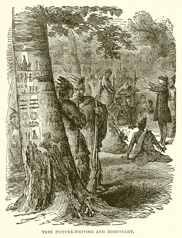 Escritura pictográfica en árboles y misionero de English School
