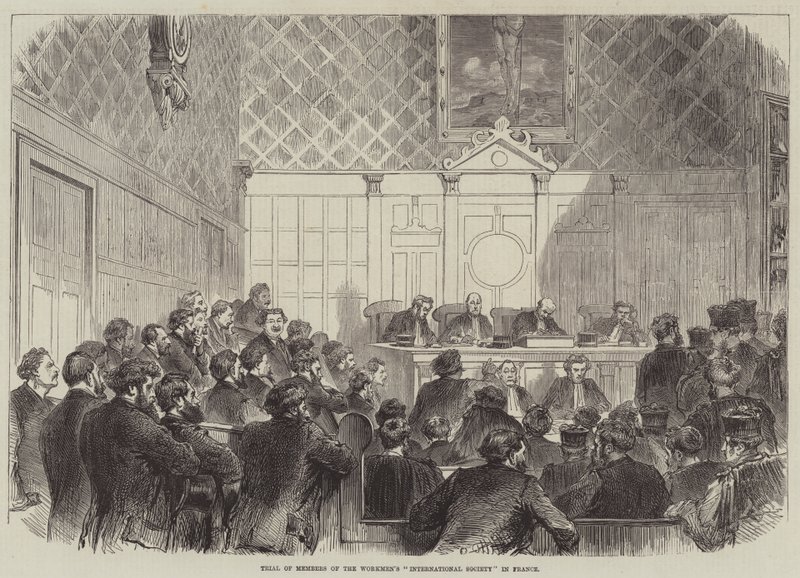Juicio a los miembros de la "Sociedad Internacional" de los Obreros en Francia (grabado) de English School