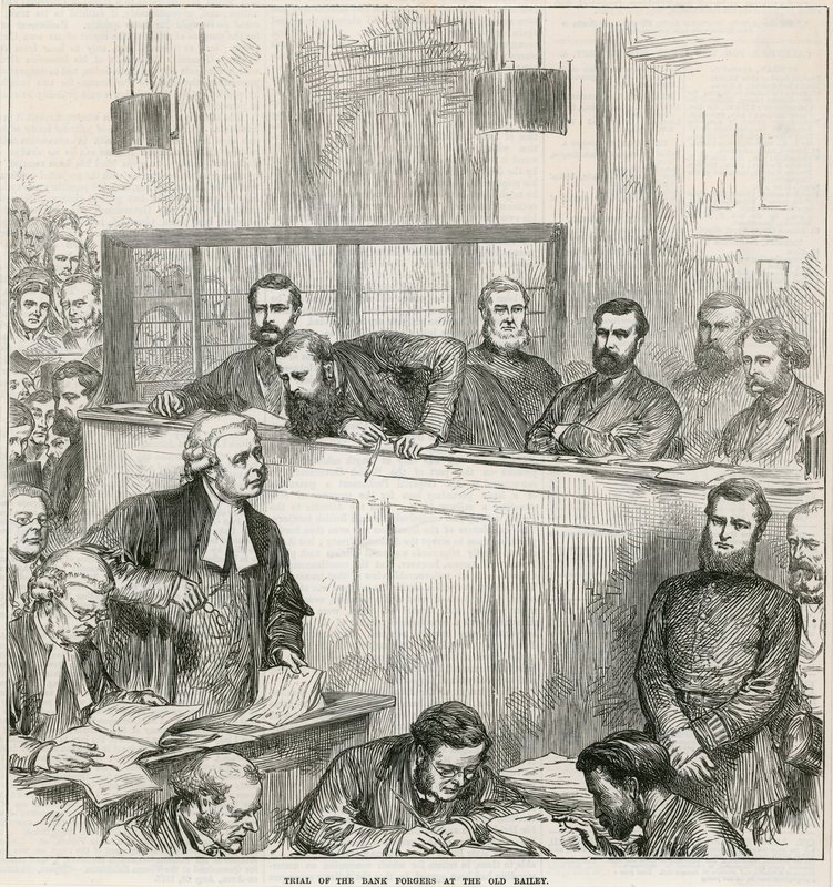Juicio de los falsificadores de bancos en Old Bailey de English School