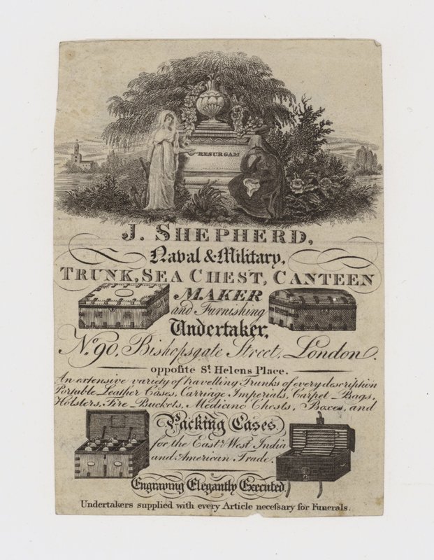 Tarjeta comercial de fabricante de baúles, J Shepherd de English School
